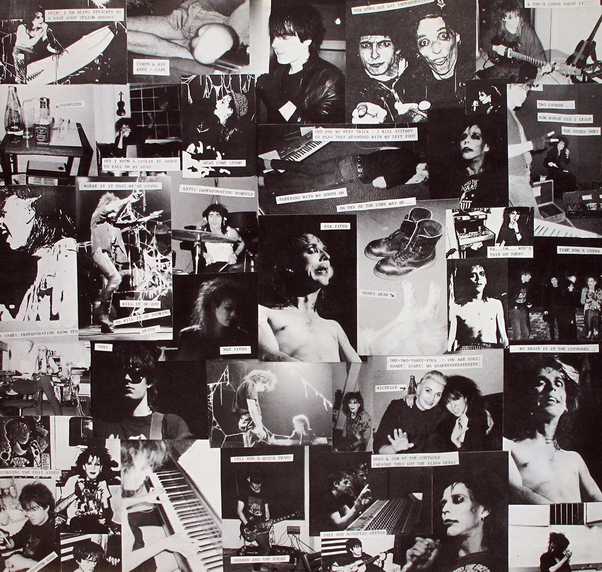 Custom inner sleeve of Alien Sex Fiend's Here Cum Germs LP featuring a chaotic black-and-white collage of candid band photos and typewritten captions.
